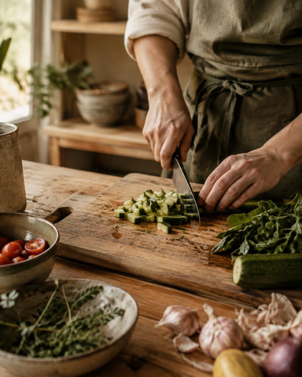 Mãos cortando legumes numa tábua de madeira